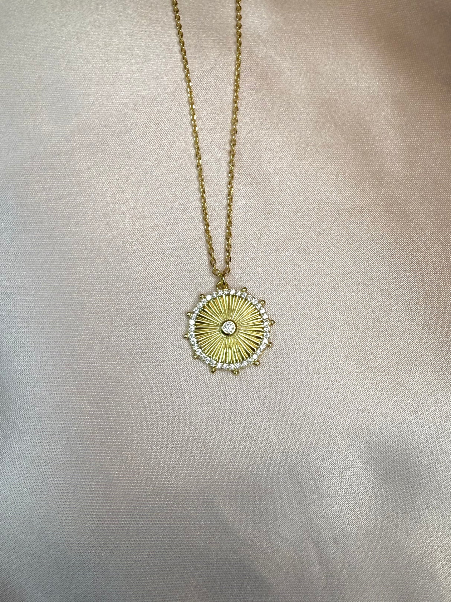 Fluted Coin Medallion Necklace - 925 Sterling Silver/14k Gold Plated