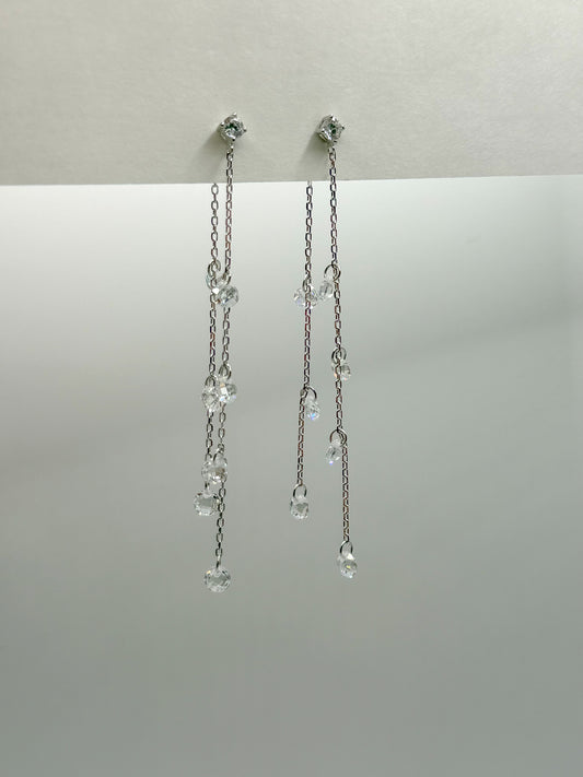 Double Dangling Floating Crystals Long Earrings