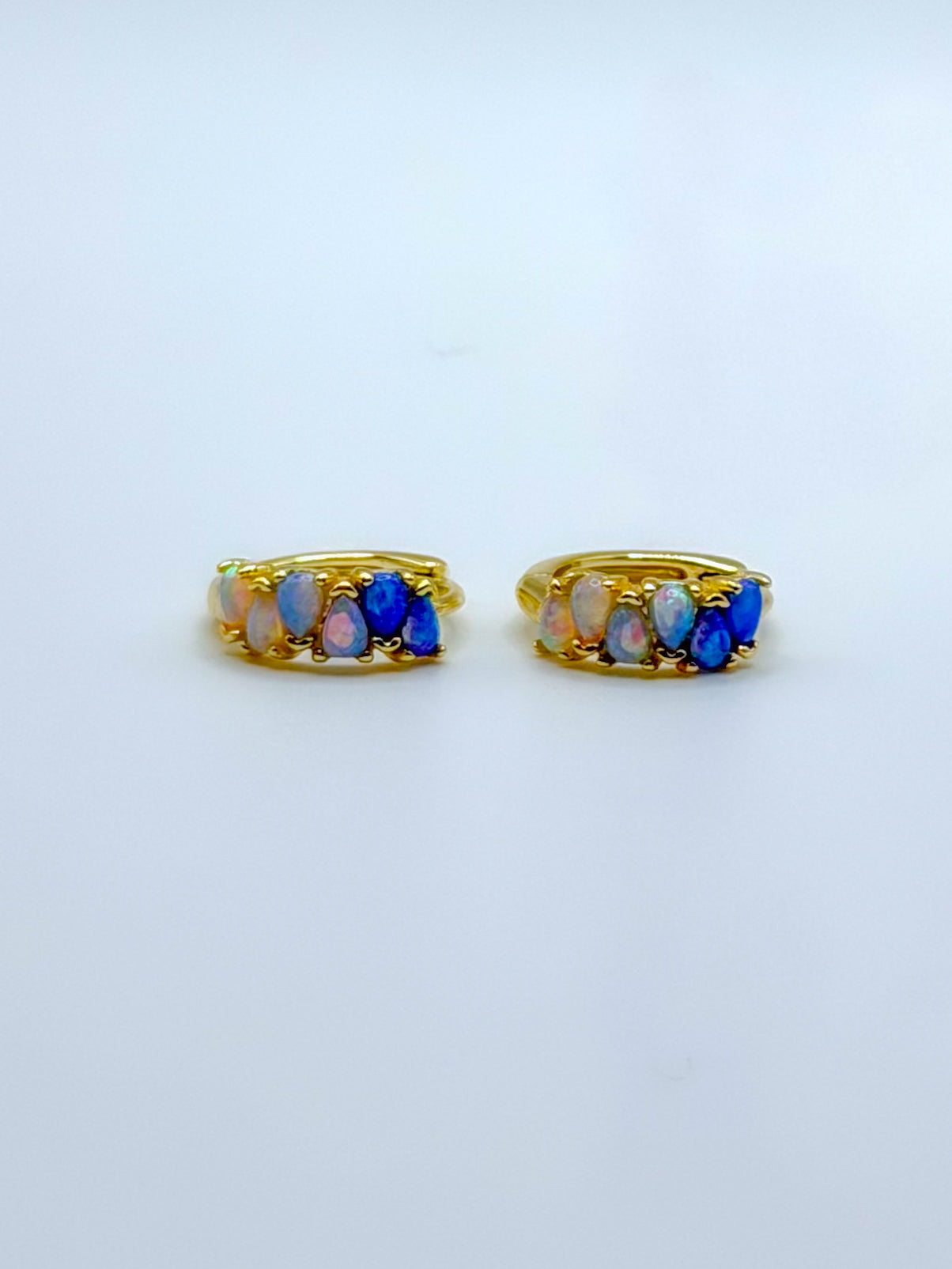 Blue Ombre Pear Shaped Opal Hoop Gold Earrings