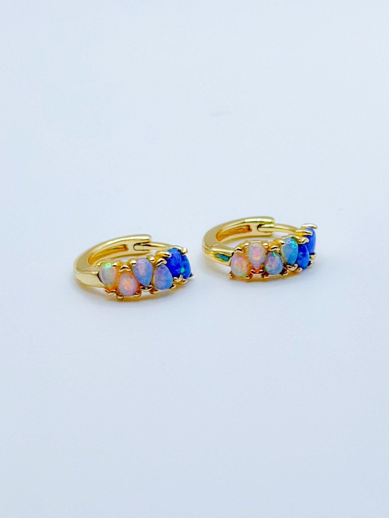 Blue Ombre Pear Shaped Opal Hoop Gold Earrings