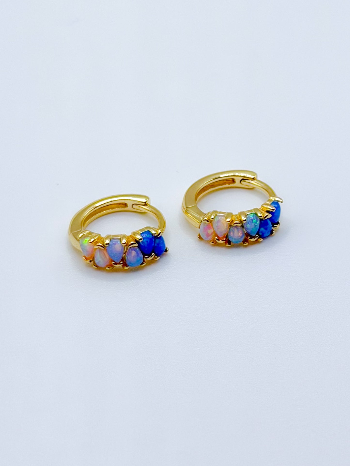 Blue Ombre Pear Shaped Opal Hoop Gold Earrings