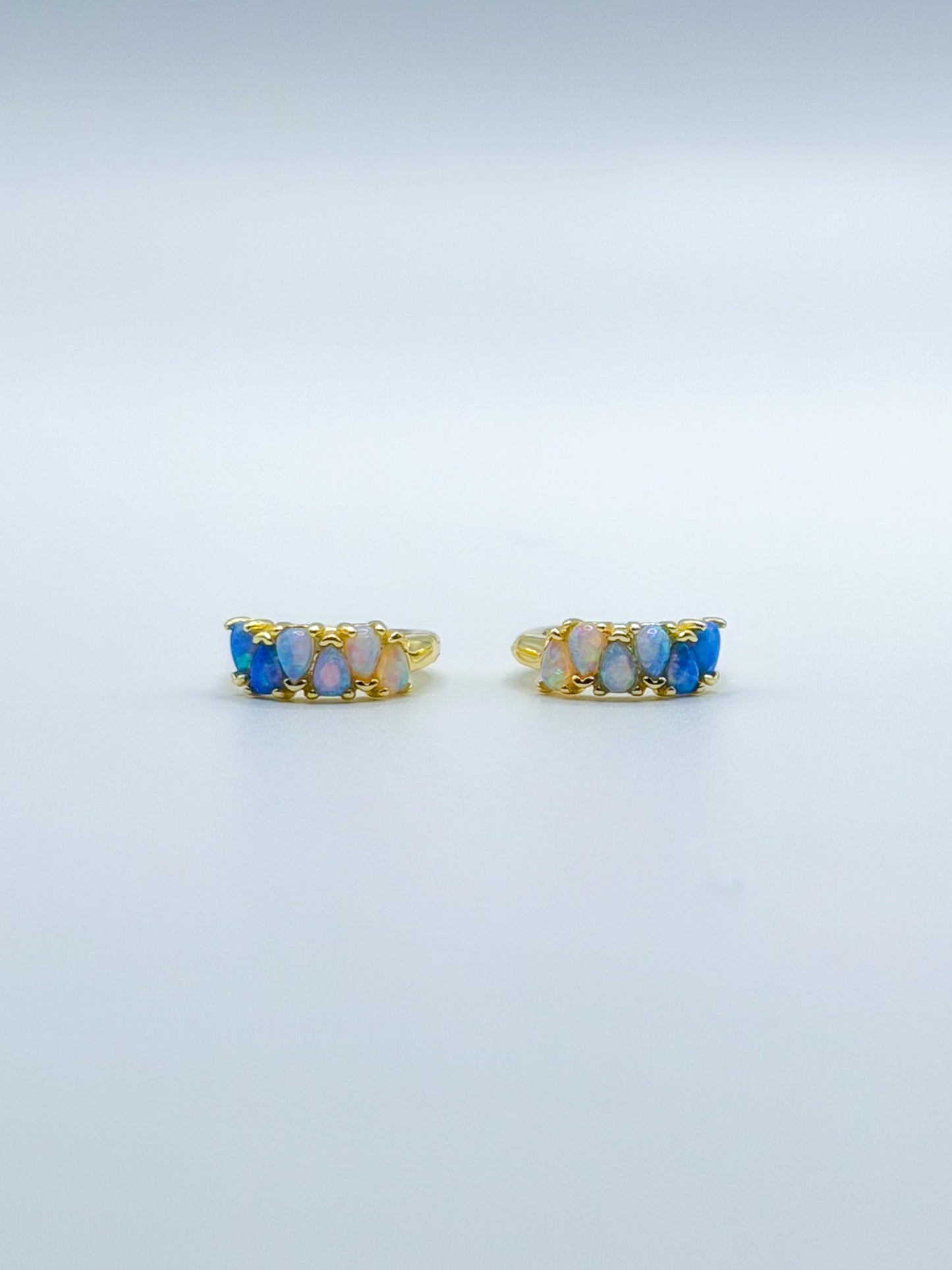 Blue Ombre Pear Shaped Opal Hoop Gold Earrings