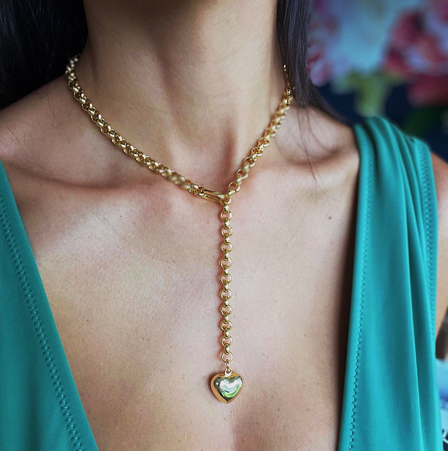 Chunky Rolo Chain Bubble Heart Necklace