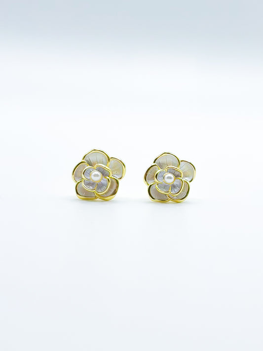 White Camellia Flower with Pearl Stud Earrings