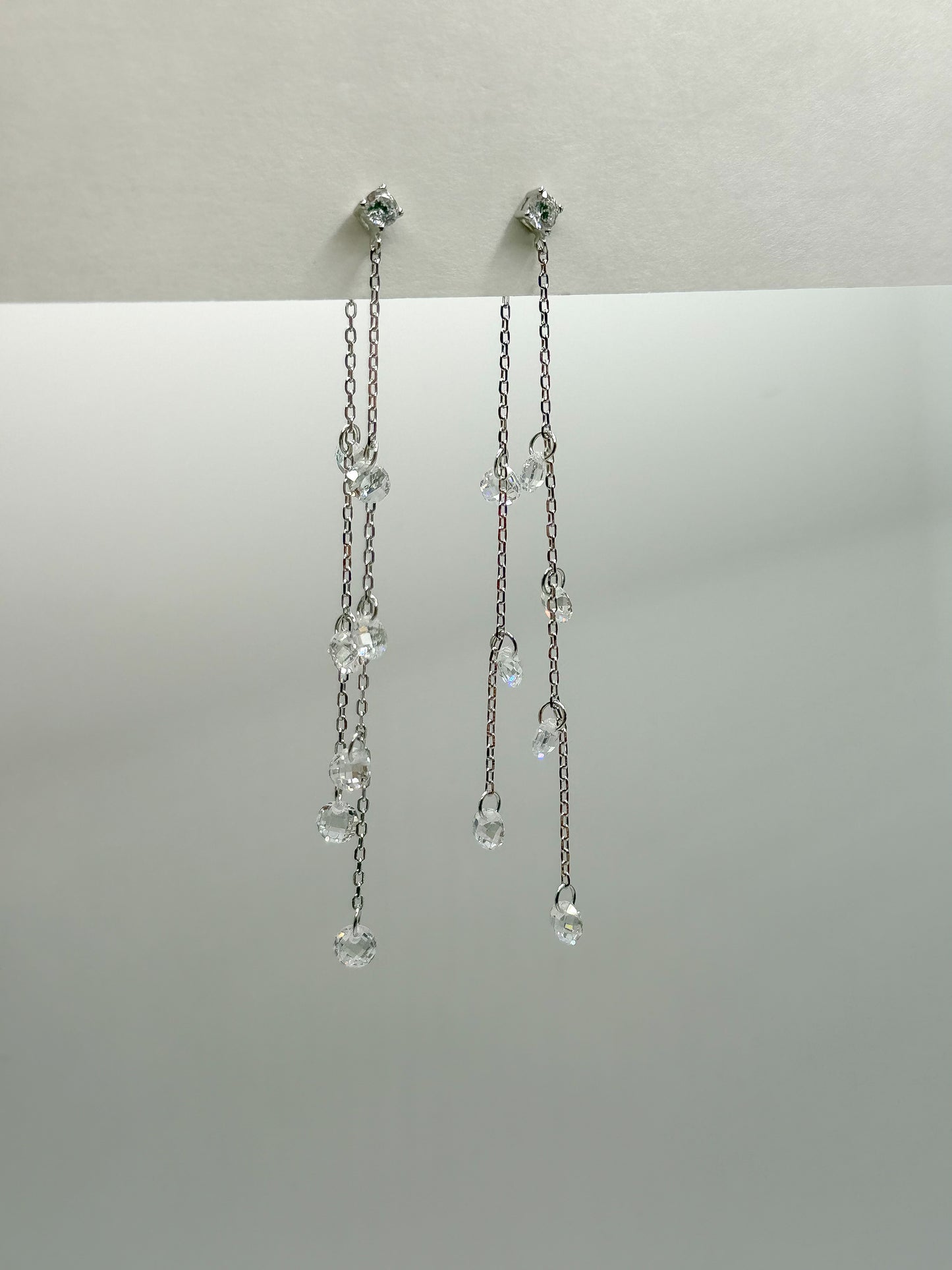 Double Dangling Floating Crystals Long Earrings