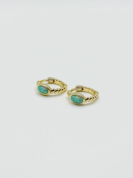 Single Oval Opal Twisted Design Hoop Earrings